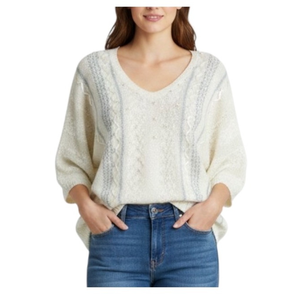 VTG Karen Scott V-NECK DOLMAN SLEEVE SWEATER Ivory Pearls & Shiny Embroidery M